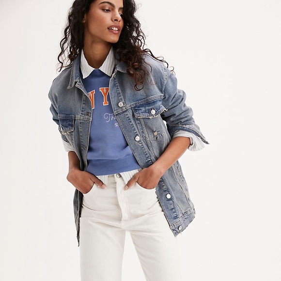 Women’s Free People Destroyed Long and Lean Trucker Jacket - Picture 2 of 15